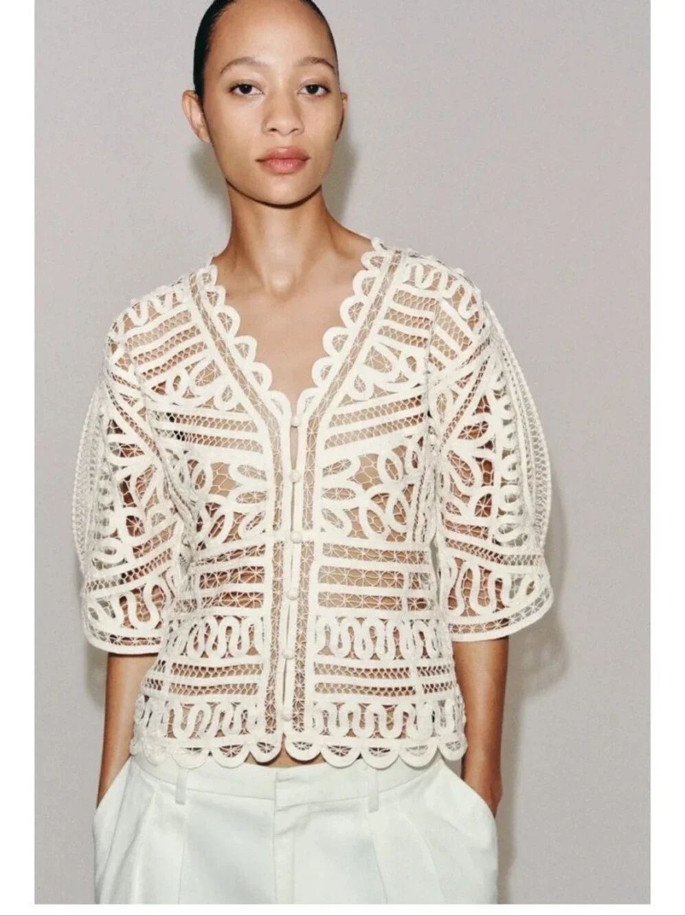 Zara Zw Collection Sheer Lace Crochet Short-Sleeve Top in Cream Sz-M
